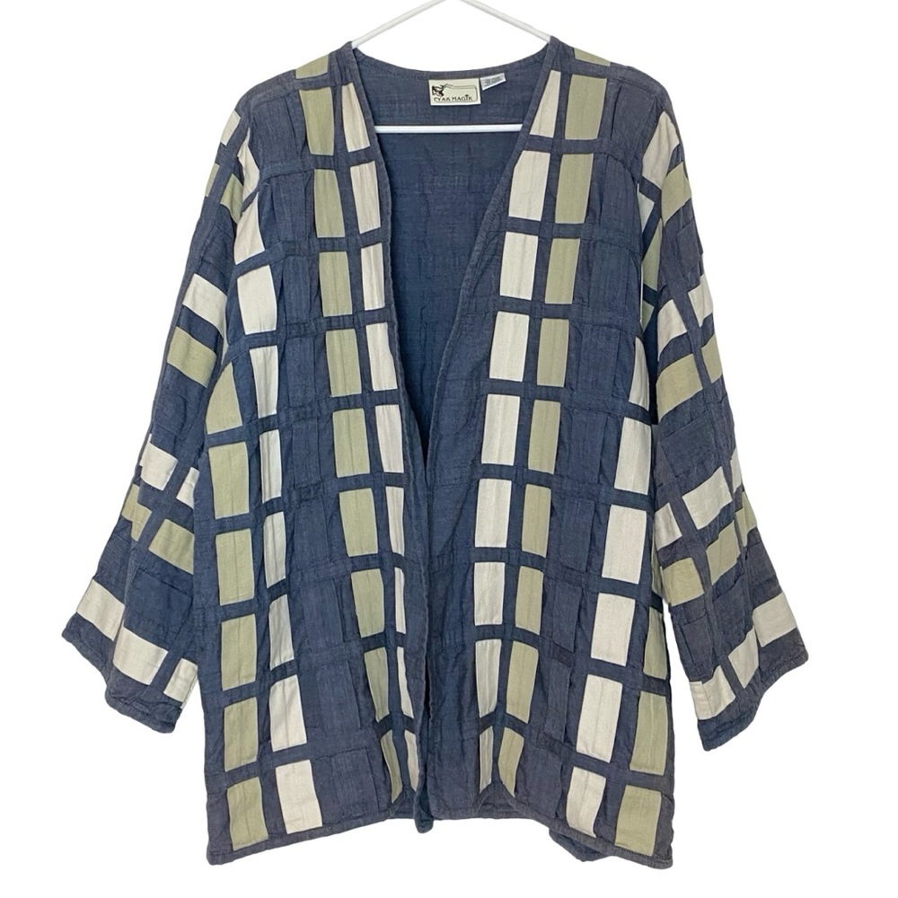 Yak Magik Vintage 90s Quilted Cardigan Jacket Womens Size Large Blue Chambray